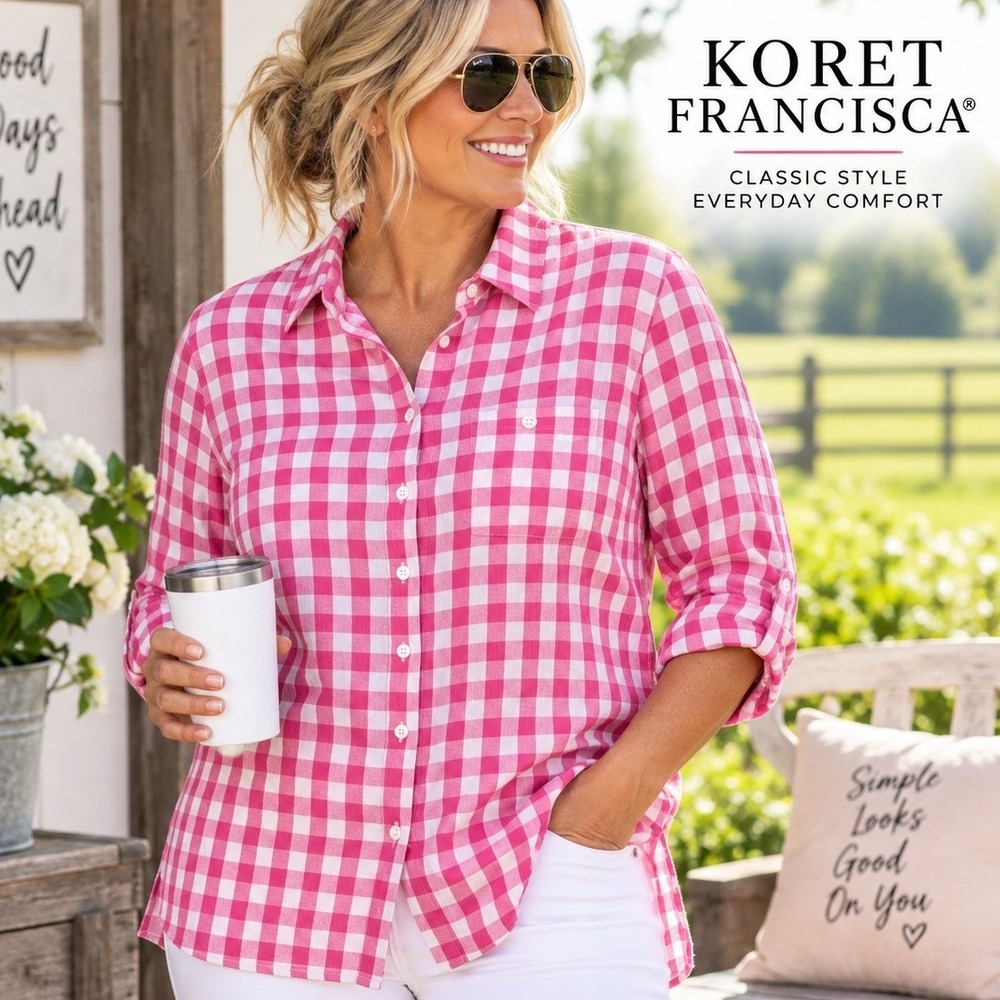 Koret Francisca Womens L Pink Gingham Button Shirt Roll Tab Sleeve Cottagecore